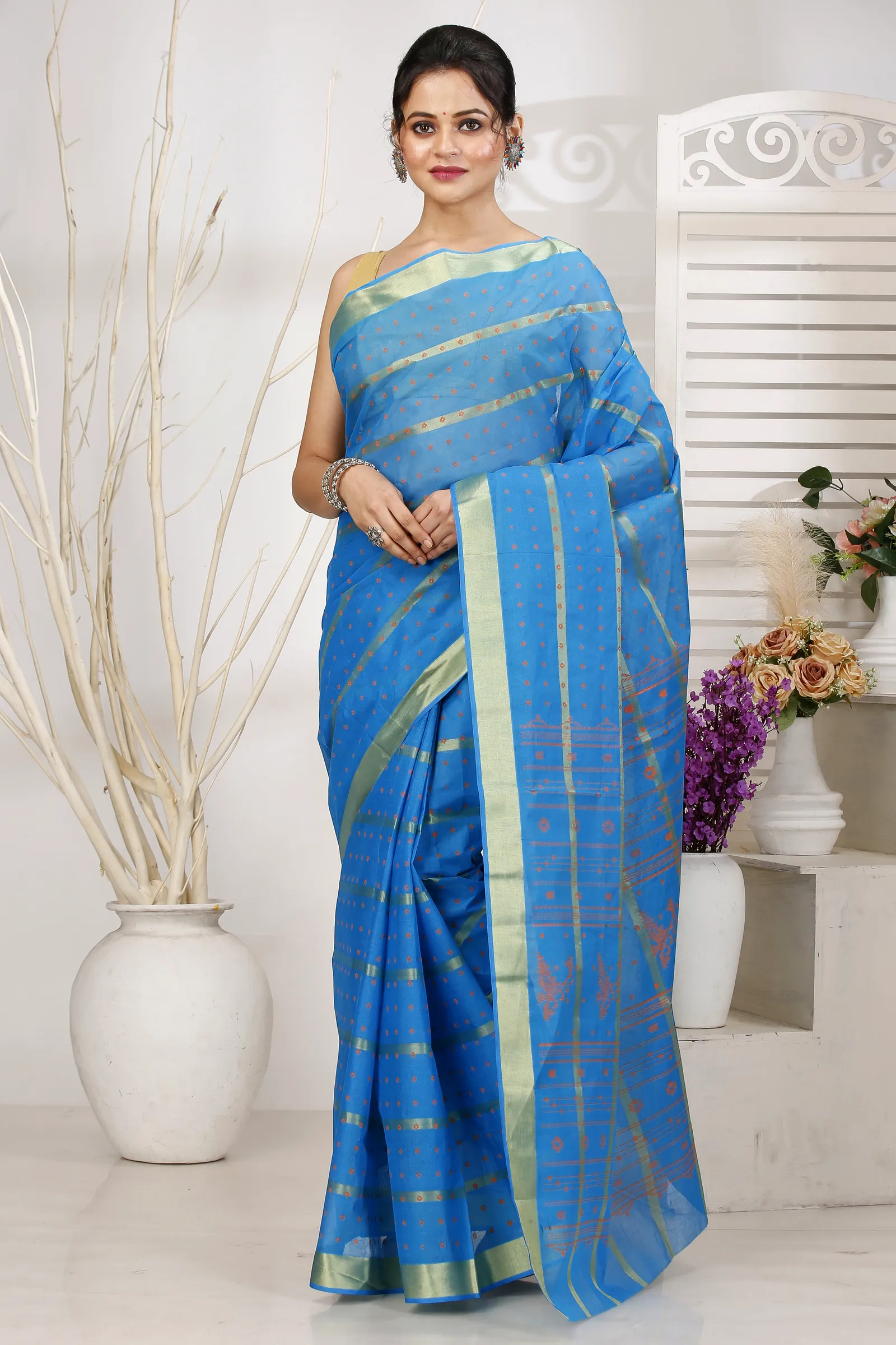 Sky Blue Pure Cotton Mera Tant Saree (1525)