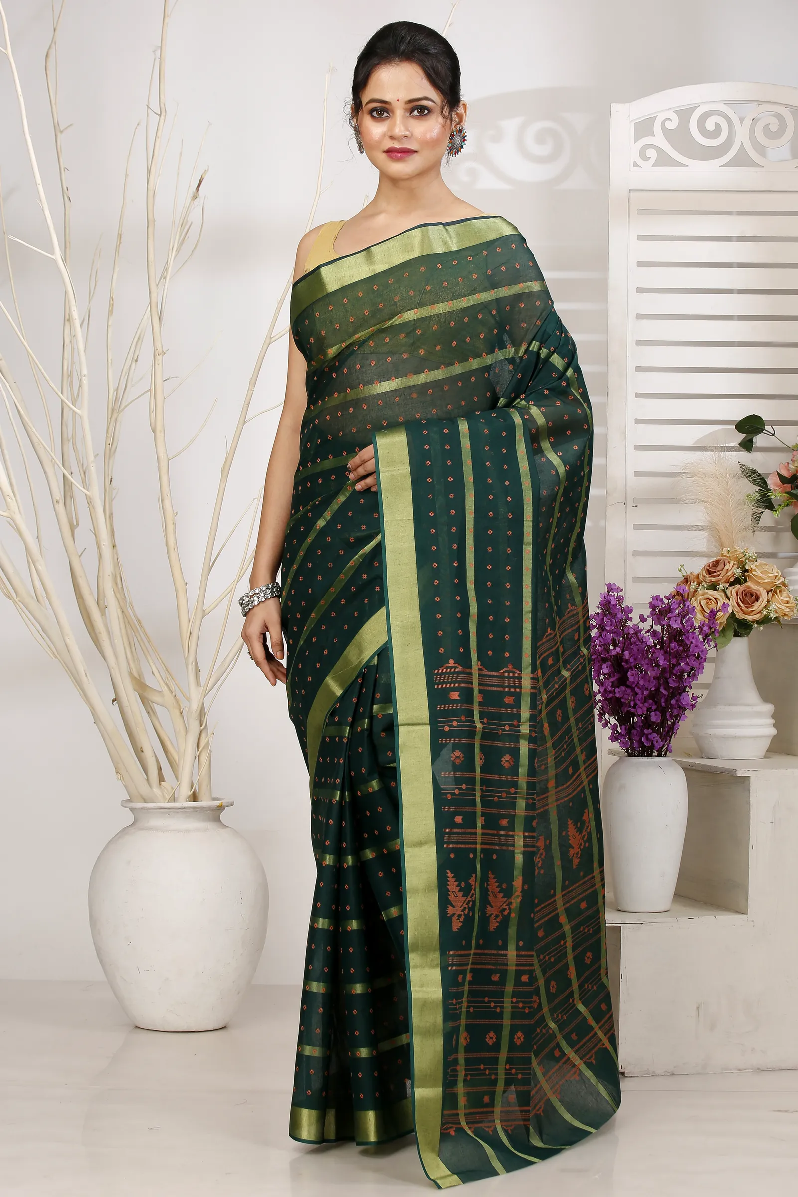 Dark Green Pure Cotton Mera Tant Saree (1526)