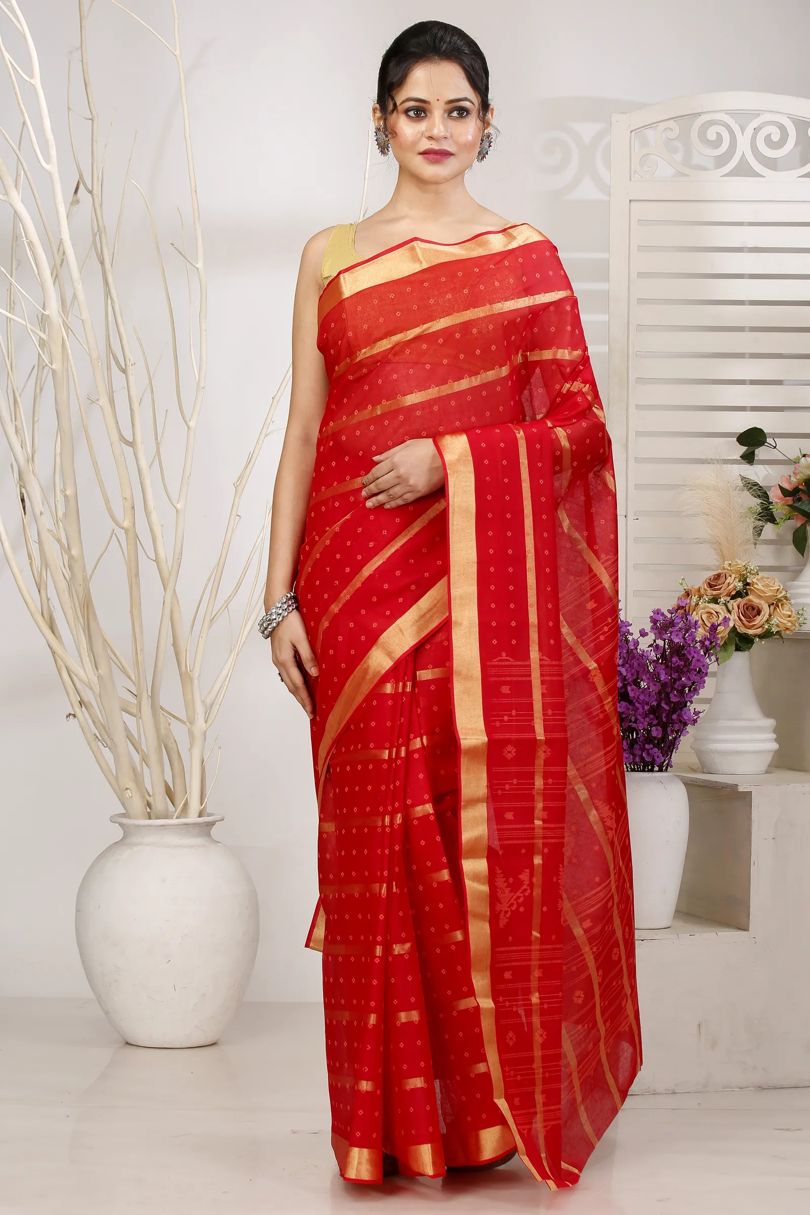Red Pure Cotton Mera Tant Saree (1527)