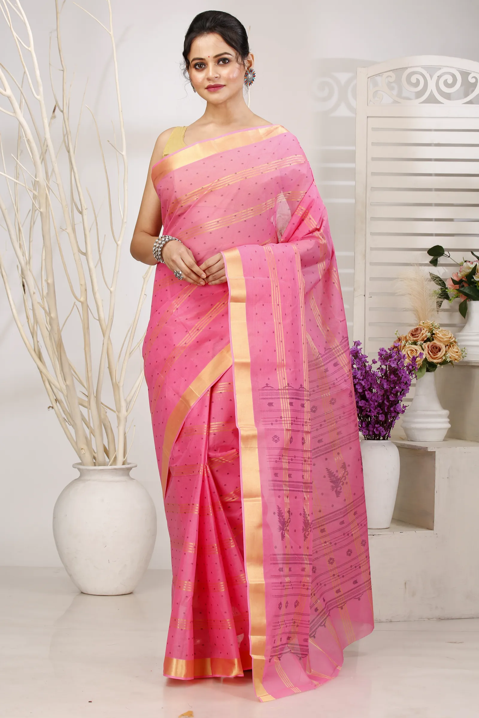 Pink Pure Cotton Mera Tant Saree (1528)