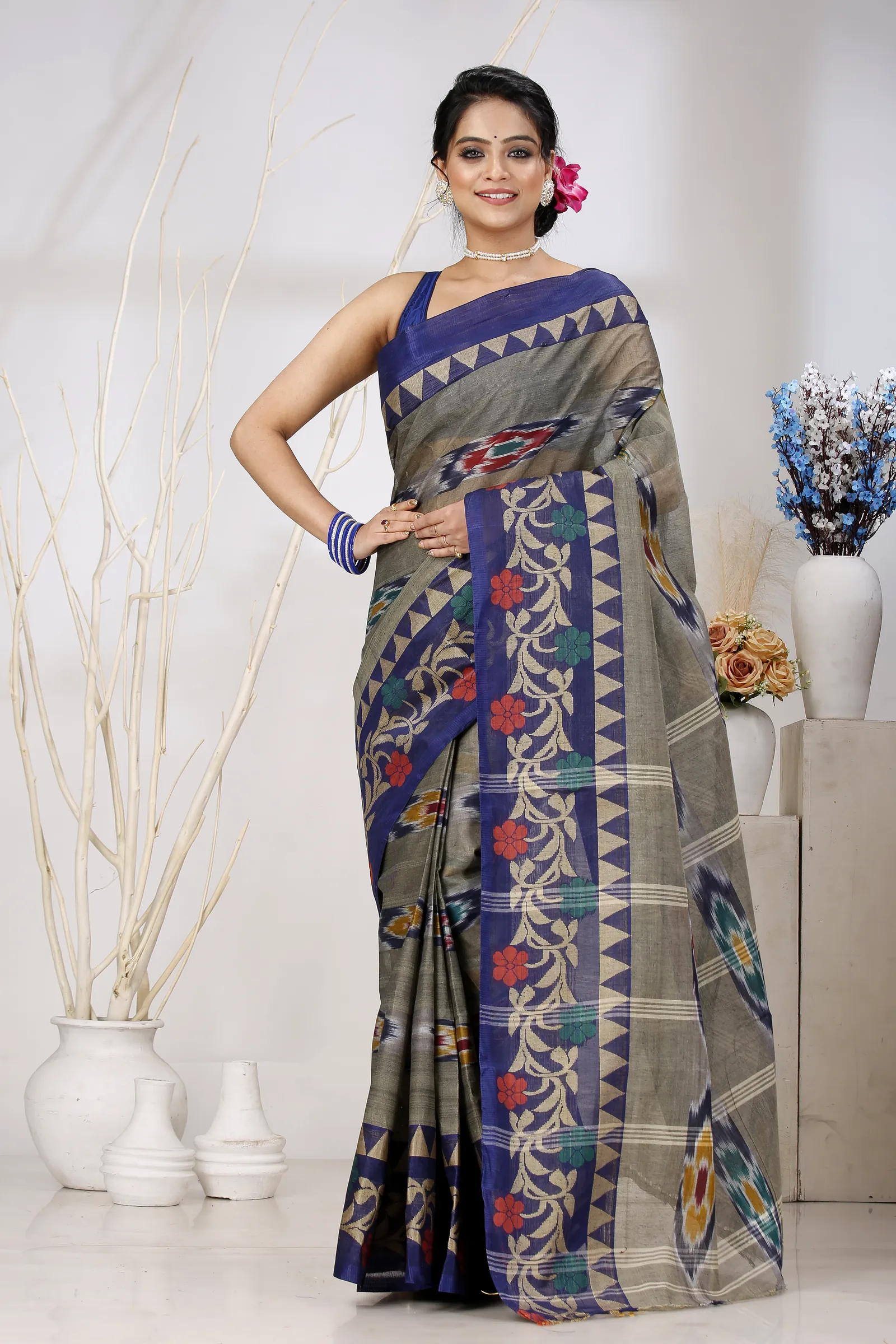 Grey Pure Cotton Mili Tant Saree (1544)