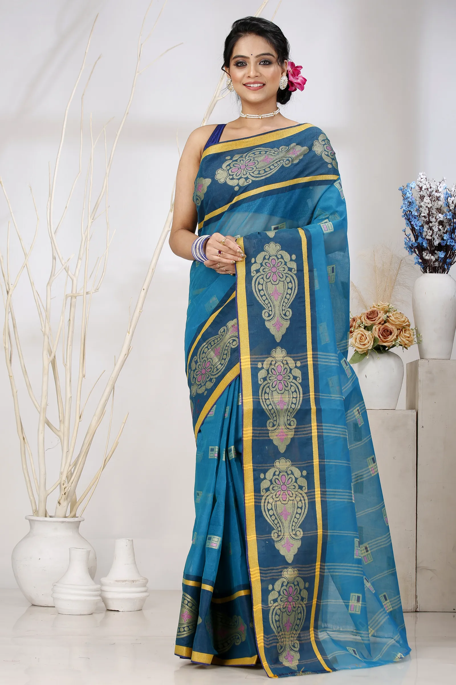 Dark Green Pure Cotton Mitul Tant Saree (1547)