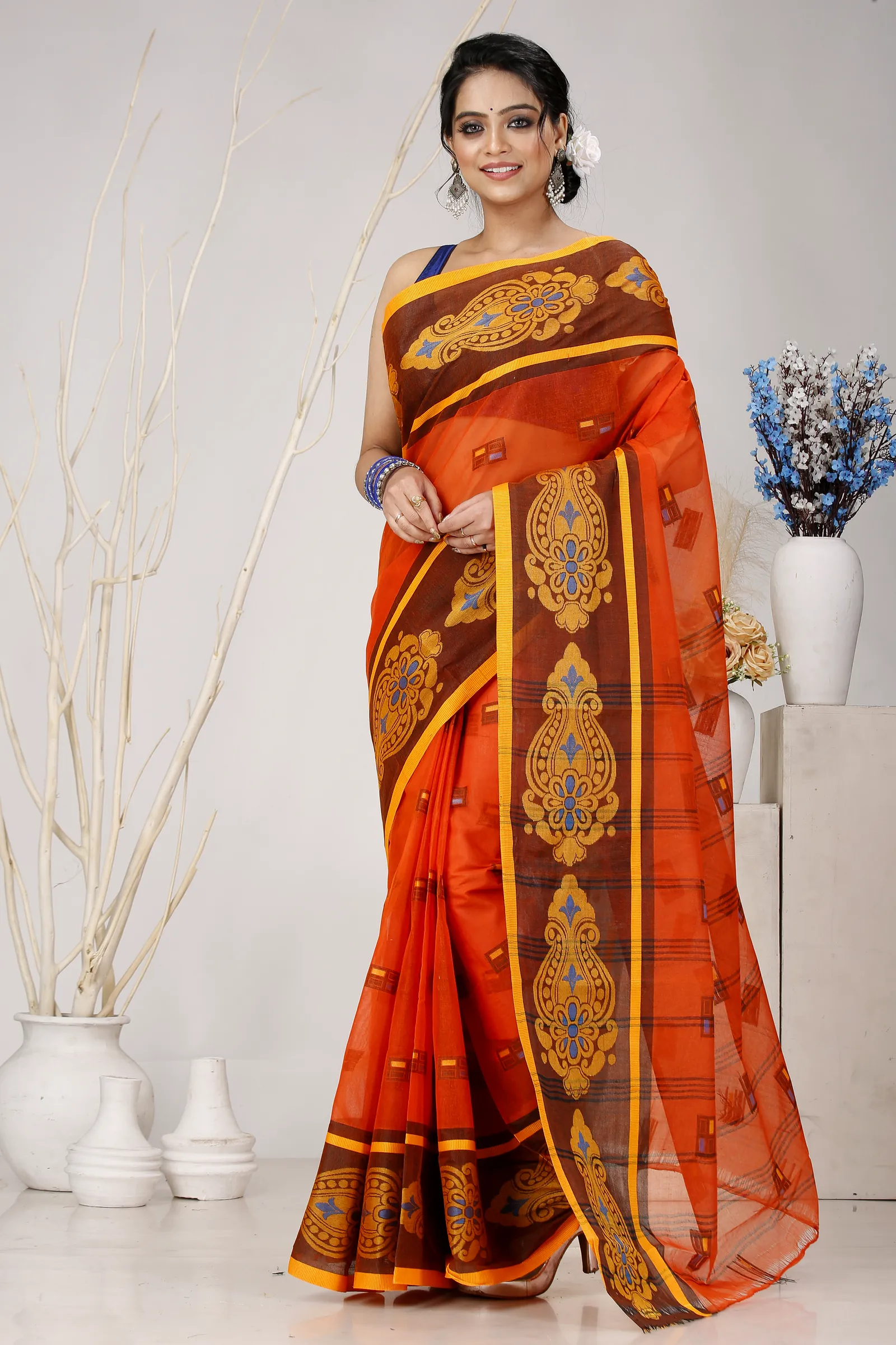 Orange Pure Cotton Mitul Tant Saree (1549)