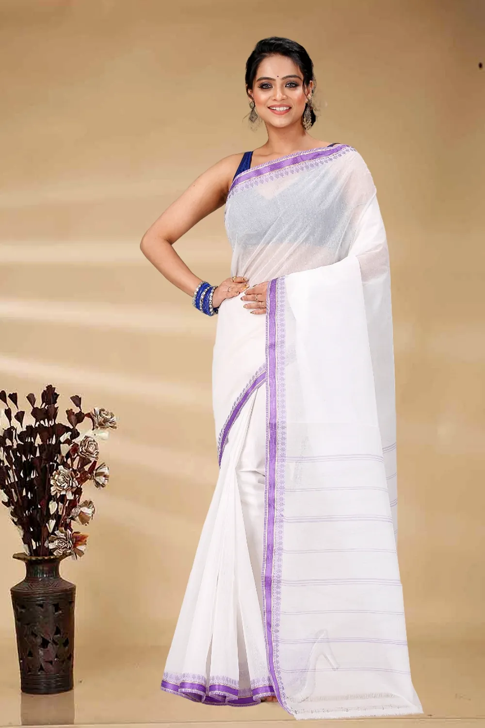 White Purple Pure Cotton Subra Tant Saree (1550)