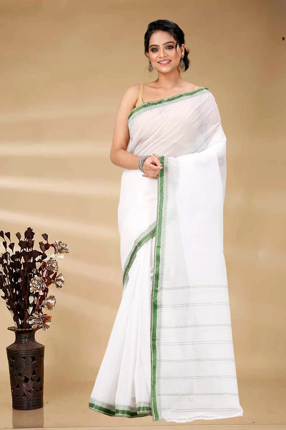 White Green Pure Cotton Subra Tant Saree (1551)