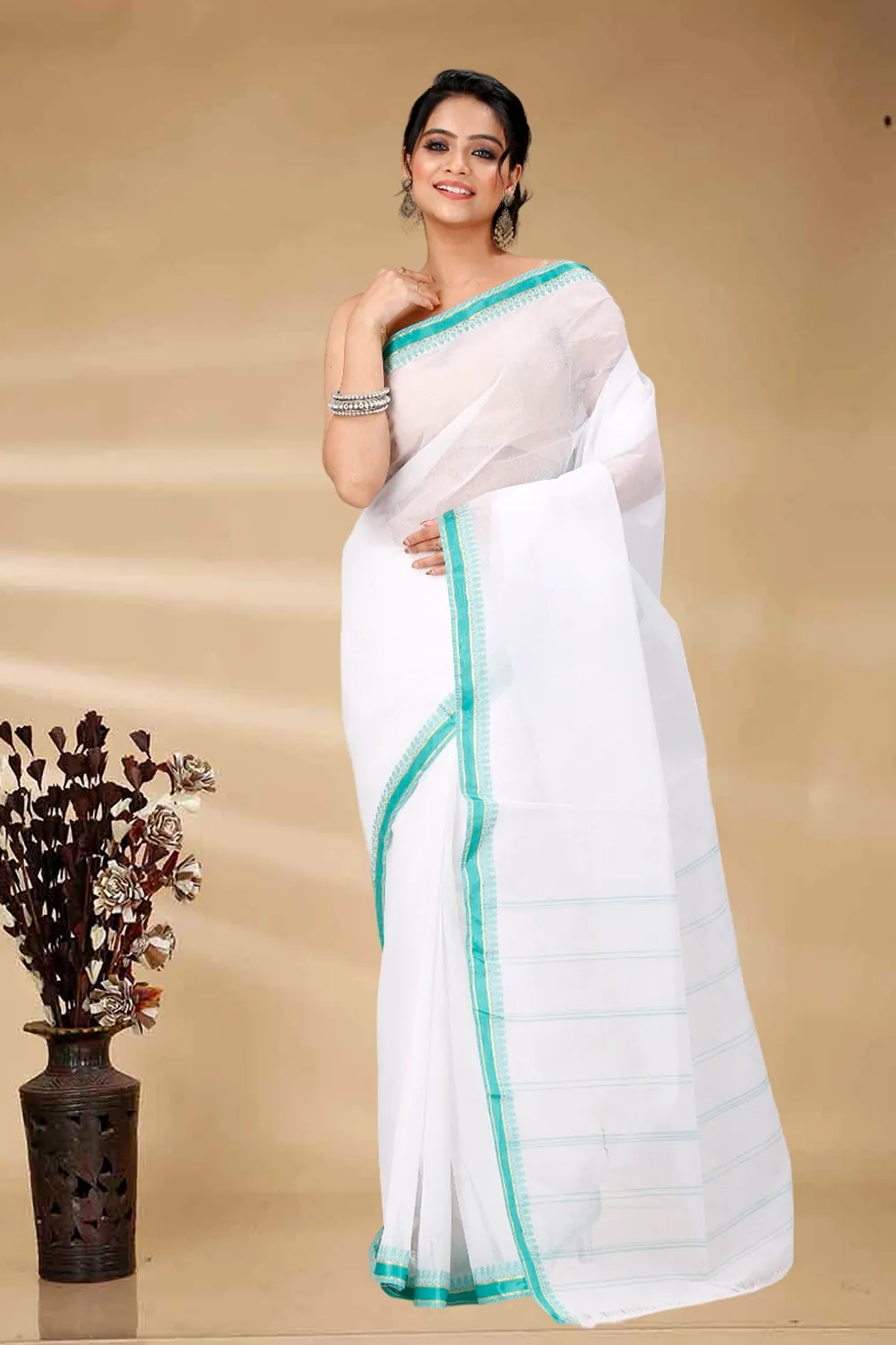 White Light Green Pure Cotton Subra Tant Saree (1552)