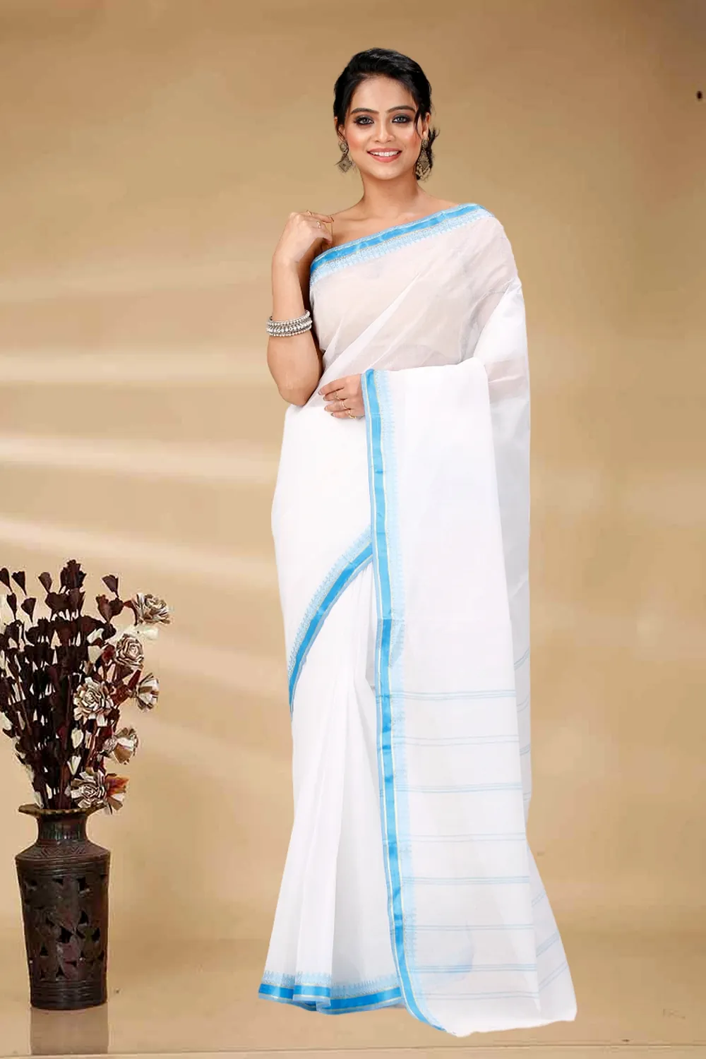 White Blue Pure Cotton Subra Tant Saree (1553)