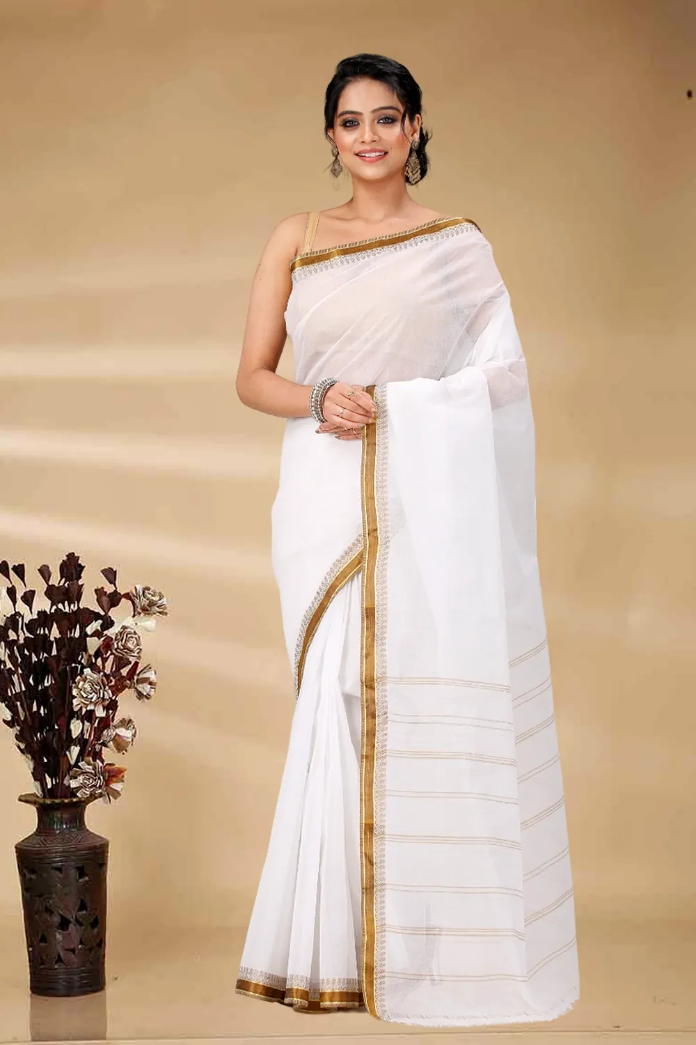 White Brown Pure Cotton Subra Tant Saree (1554)