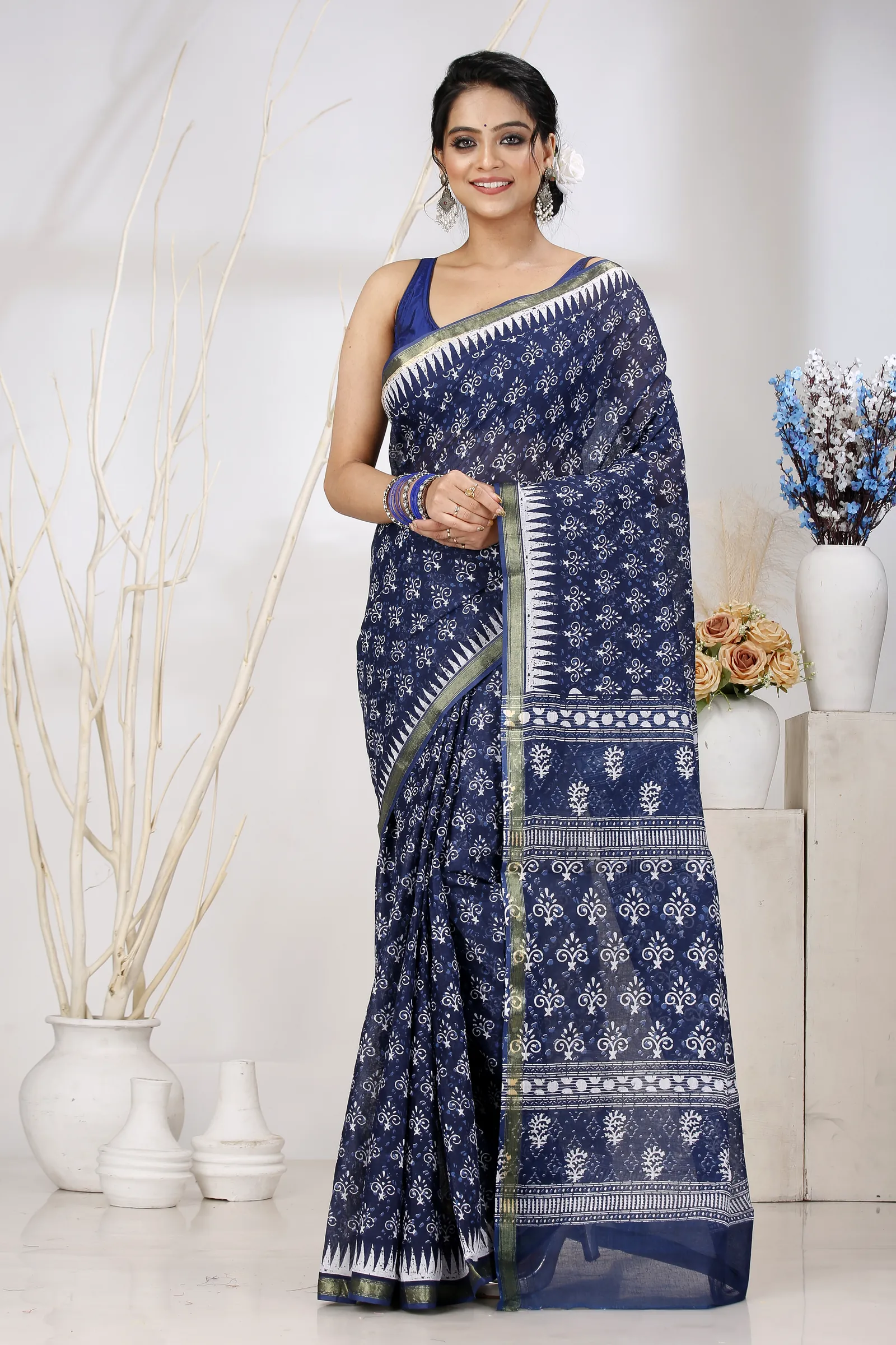 Dark Blue Pure Cotton Mela Printed Handloom Saree (1557)