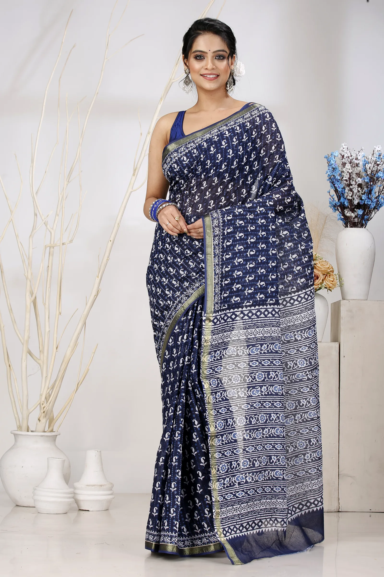 Naby Blue Pure Cotton Mela Printed Handloom Saree (1558)