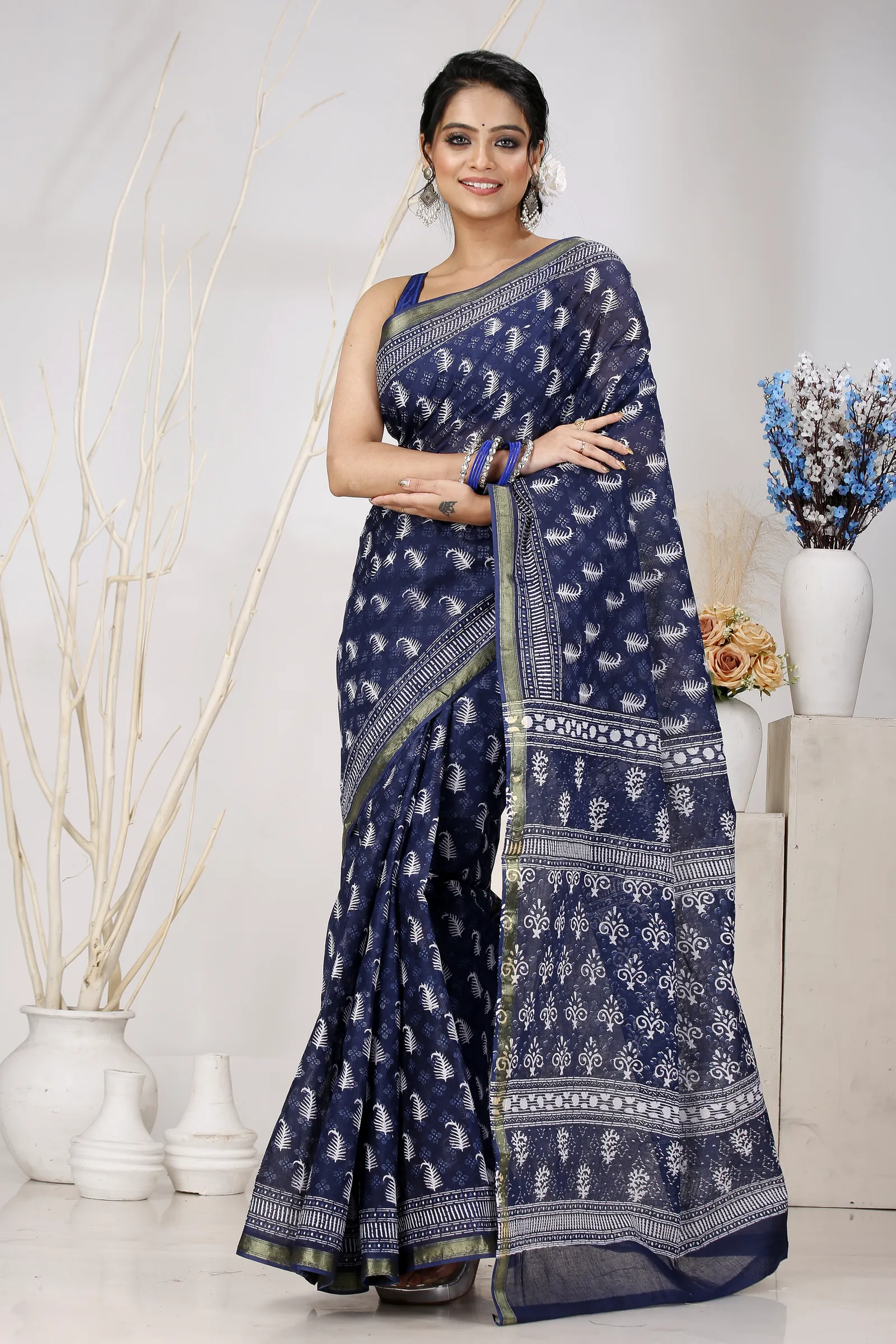 Night Blue Pure Cotton Mela Printed Handloom Saree (1559)
