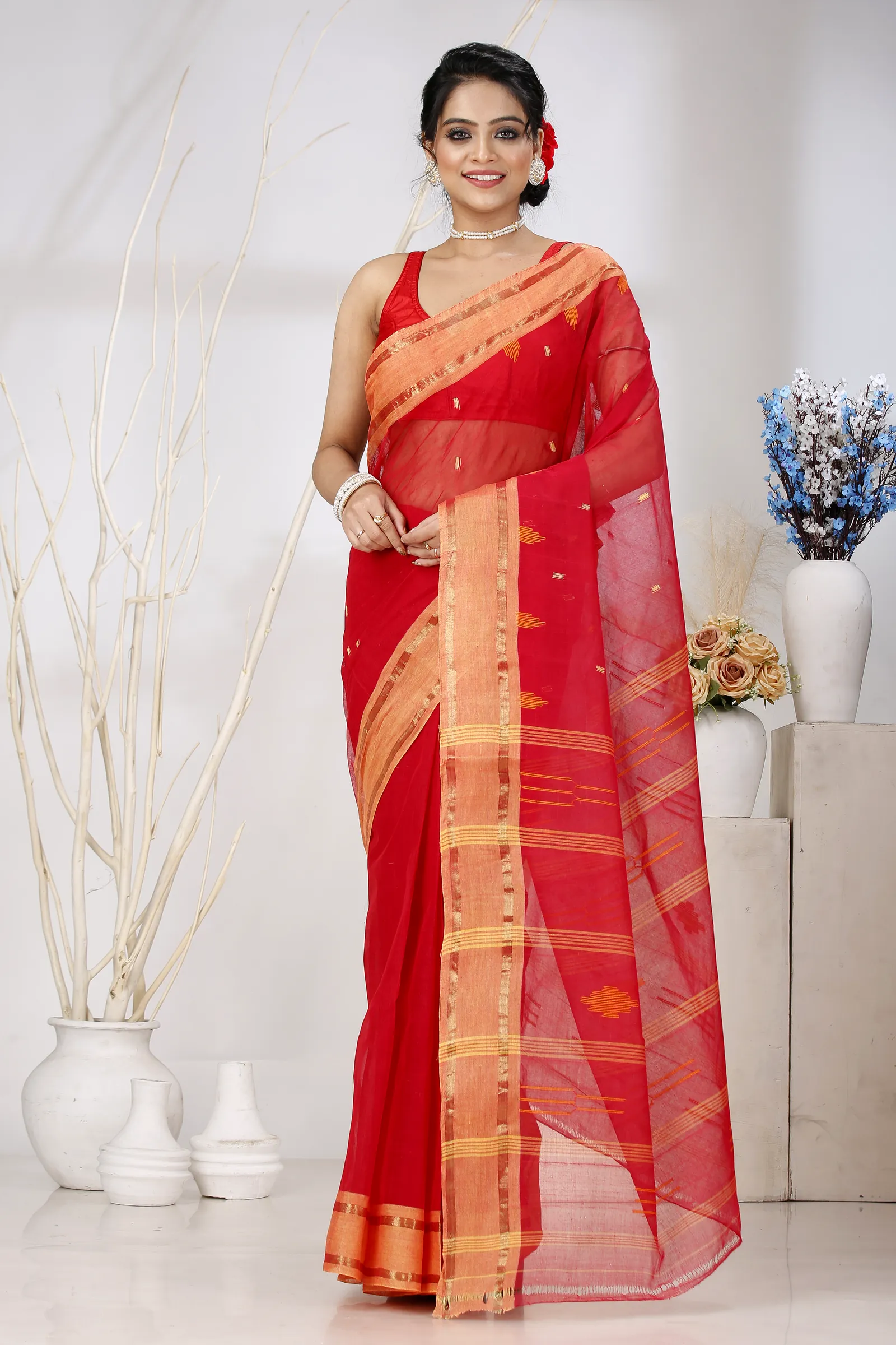 Red Pure Cotton Metu Tant Saree (1560)
