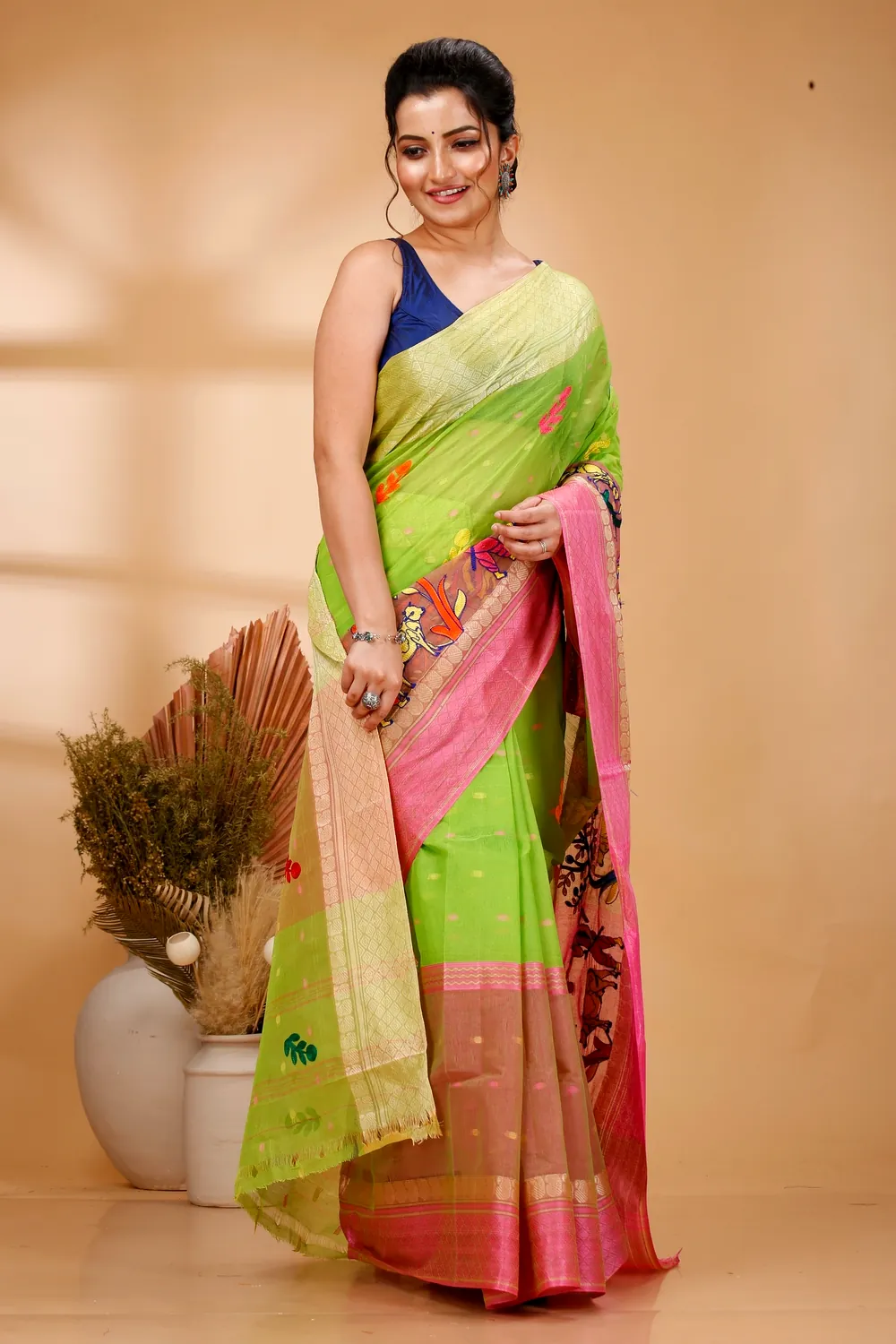 Light Green Pure Cotton Embi Ganga Agri Tant Embroidery (1566)