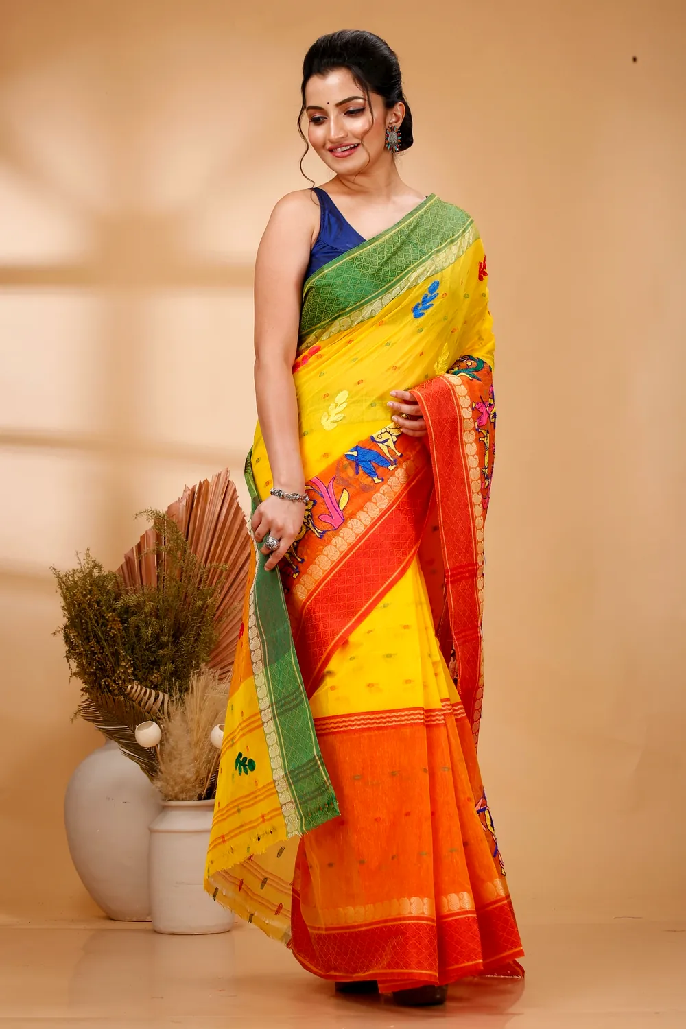 Yellow Red Pure Cotton Embi Ganga Agri Tant Embroidery (1567)