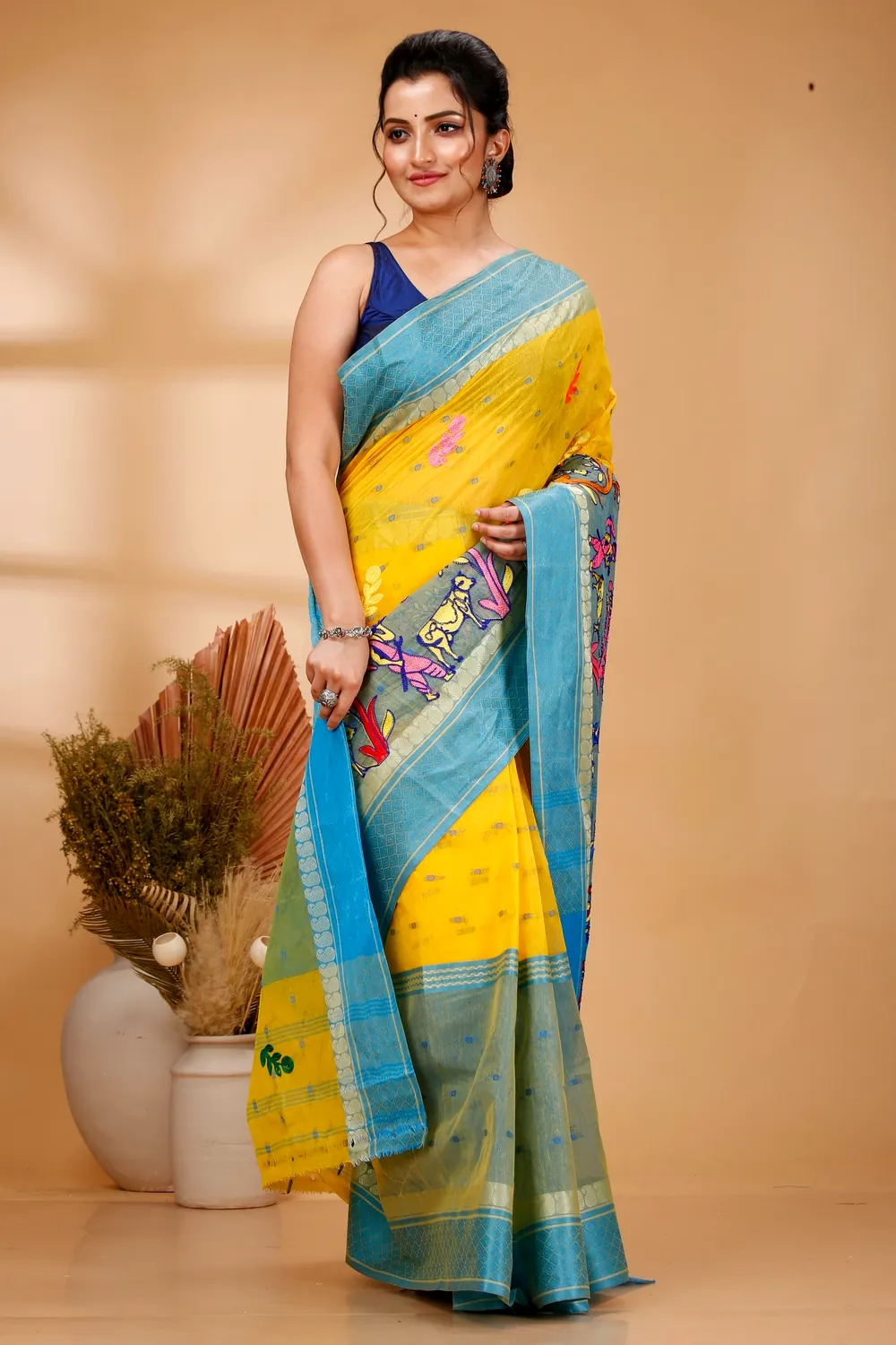 Light Yellow Pure Cotton Embi Ganga Agri Tant Embroidery (1568)