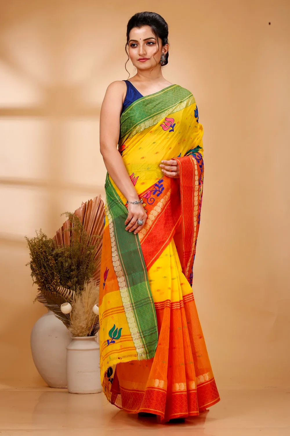 Yellow Red Pure Cotton Embi Ganga Sib Tant Embroidery (1569)