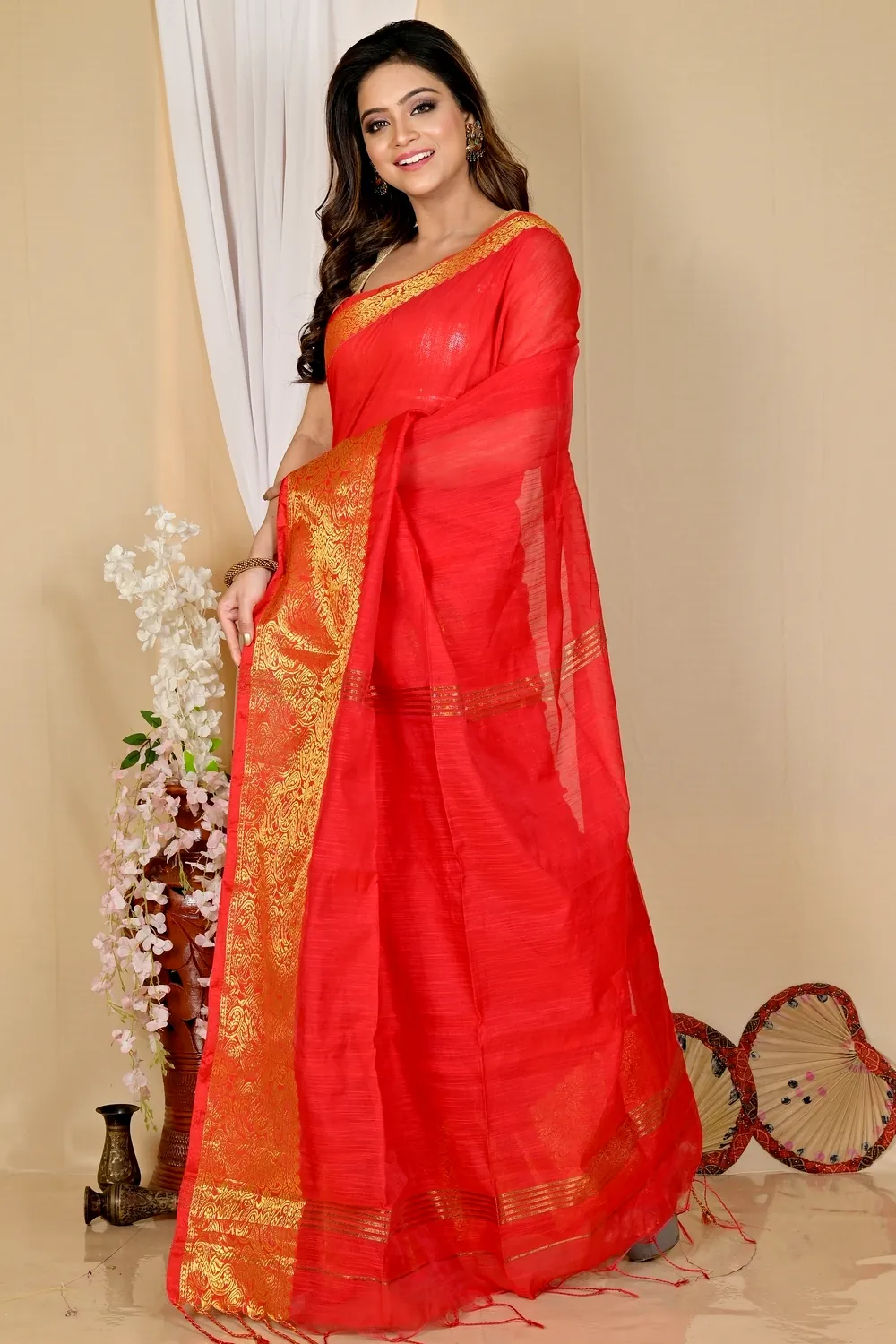 Red Cotton Silk Asta Hand Loom Saree (1585)