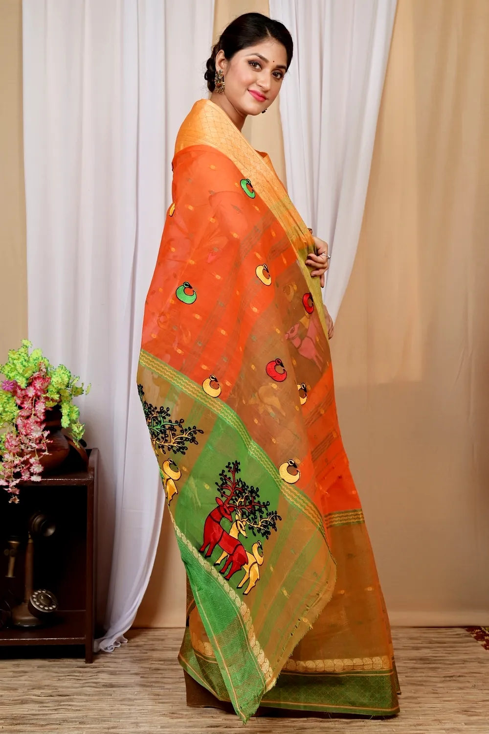 Orange Pure Cotton Embi Ganga Indra Tant Embroidery (1587)