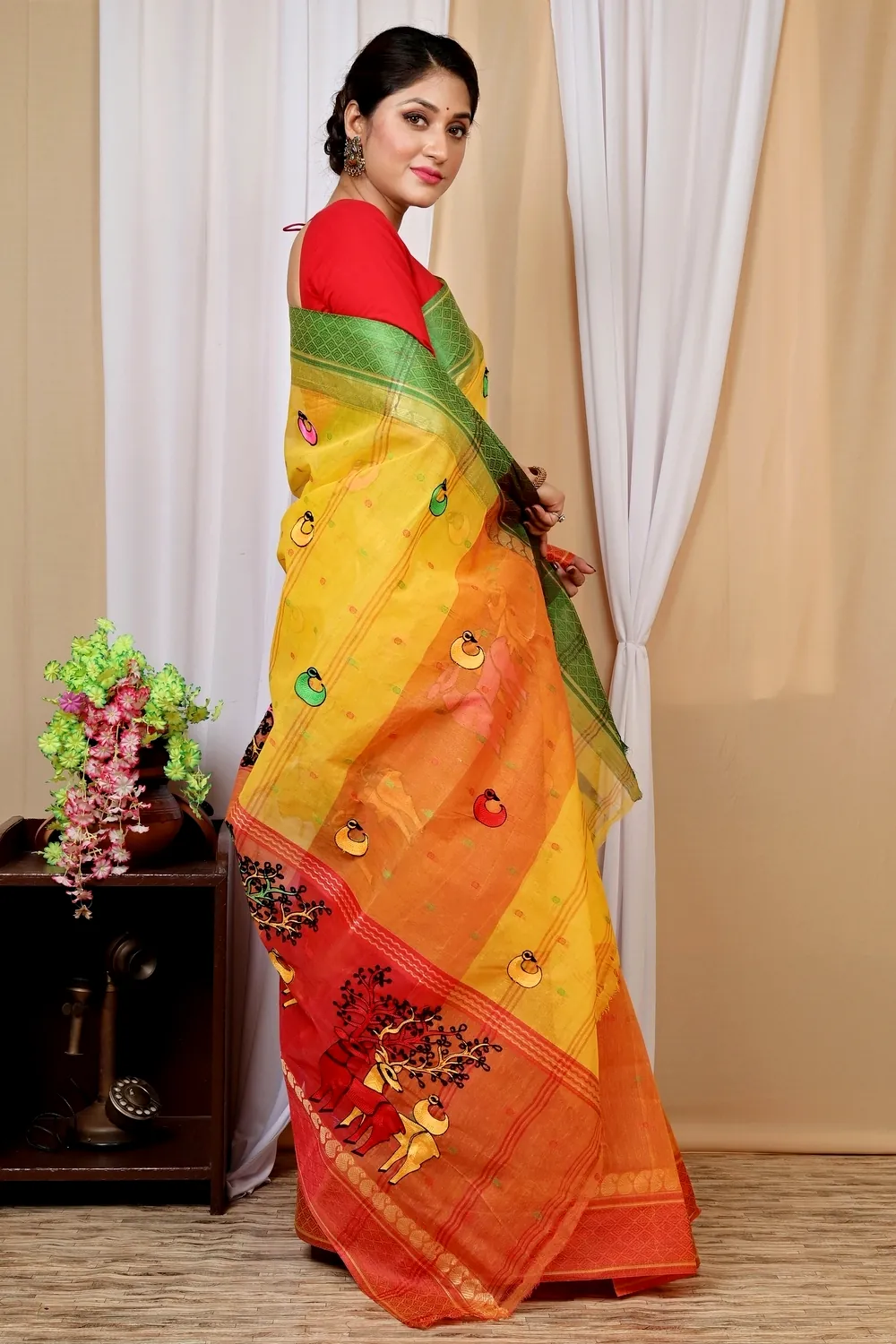 Yellow Red Pure Cotton Embi Ganga Indra Tant Embroidery (1589)
