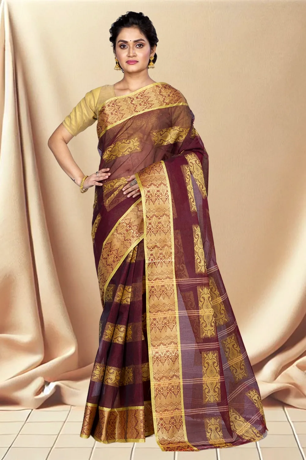 Brown Pure Cotton Strip Suparna Tant Saree (159)