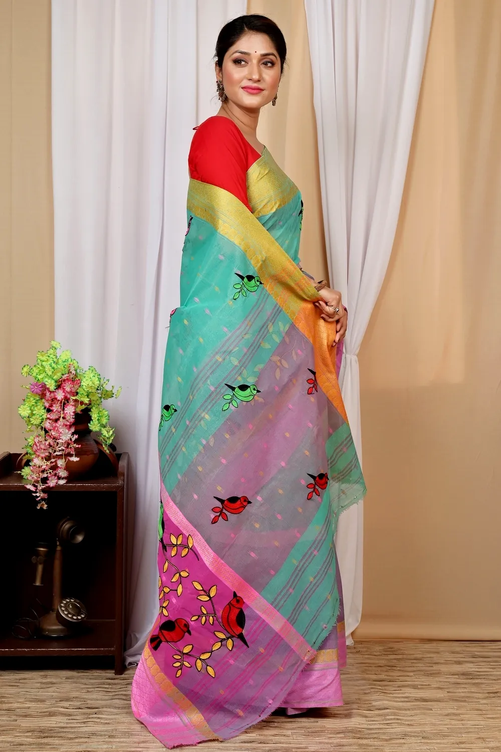 See Green and Pink Pure Cotton Embi Ganga Chari Tant Embroidery (1591)