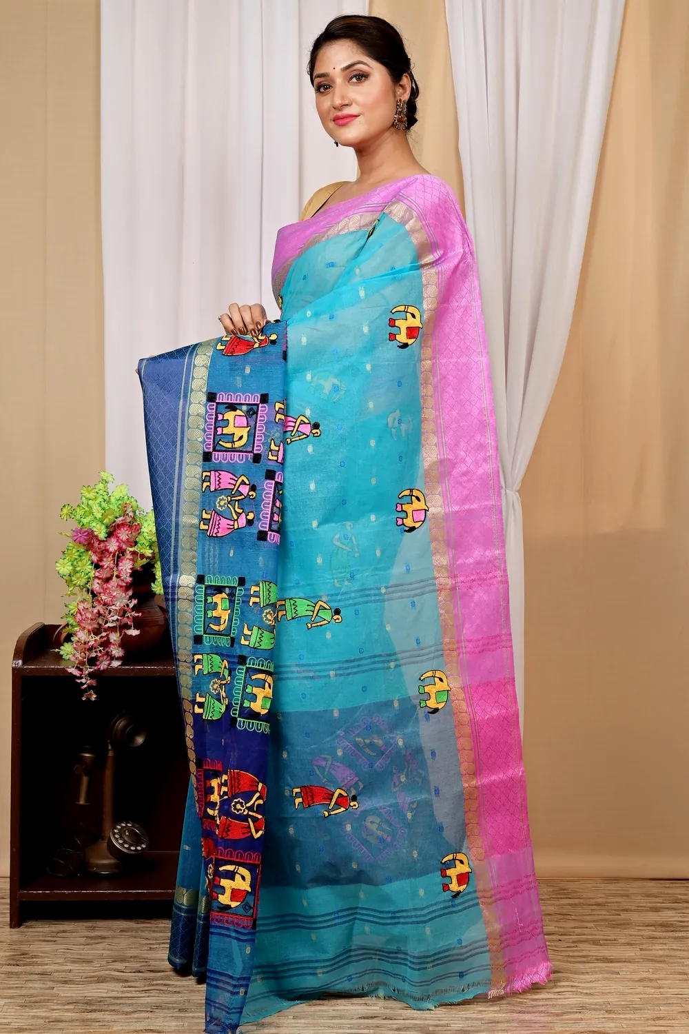 Sky Blue Pure Cotton Embi Ganga Gajo Tant Embroidery (1596)