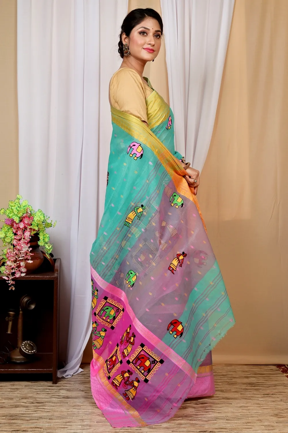 Green and Pink Pure Cotton Embi Ganga Gajo Tant Embroidery (1597)