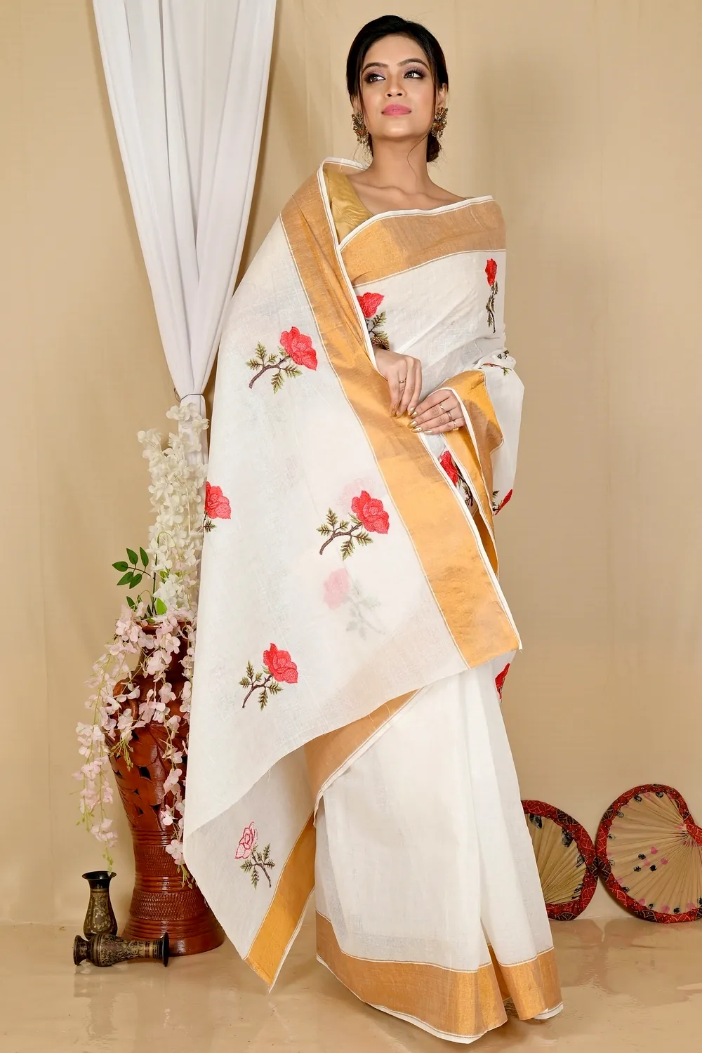 White Red Pure Cotton Askiti Tant Embroidery (1601)