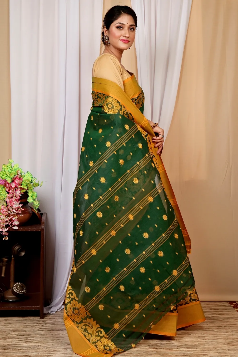 Dark Green Pure Cotton Heruka Tant Saree (1604)