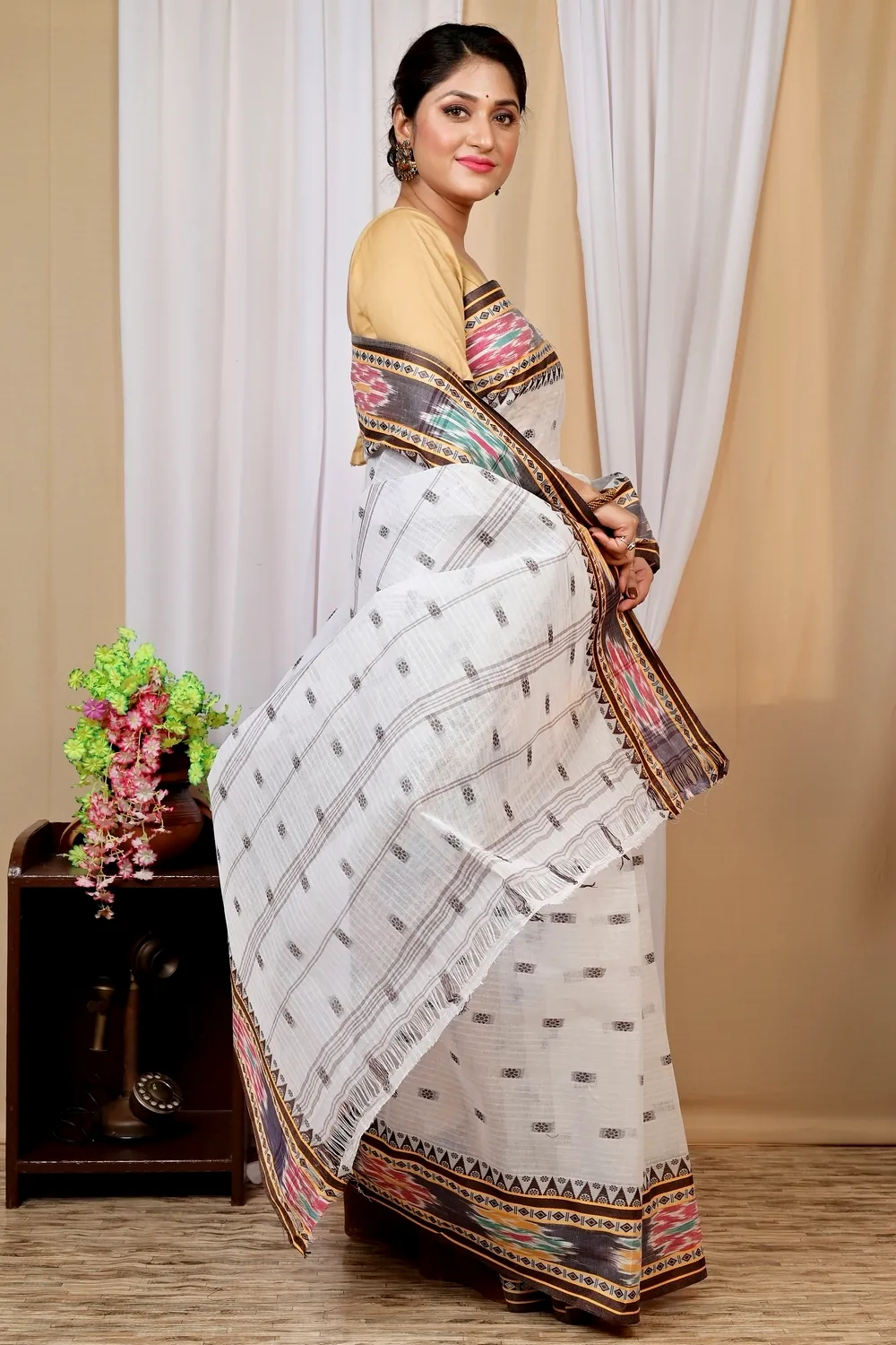 Brown and White Pure Cotton Hema Tant Saree (1609)