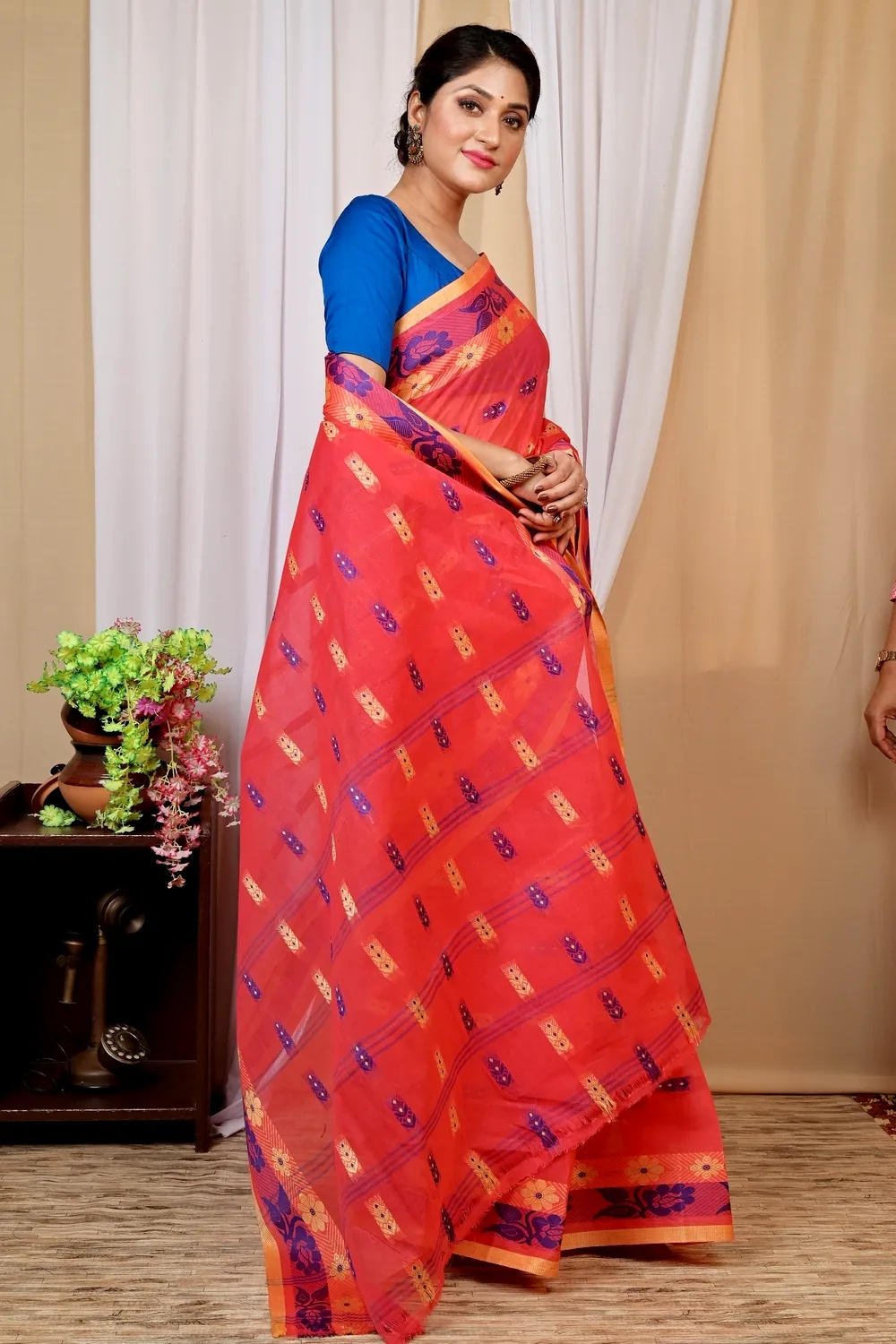 Drak Pink Pure Cotton Helok Tant Saree (1614)