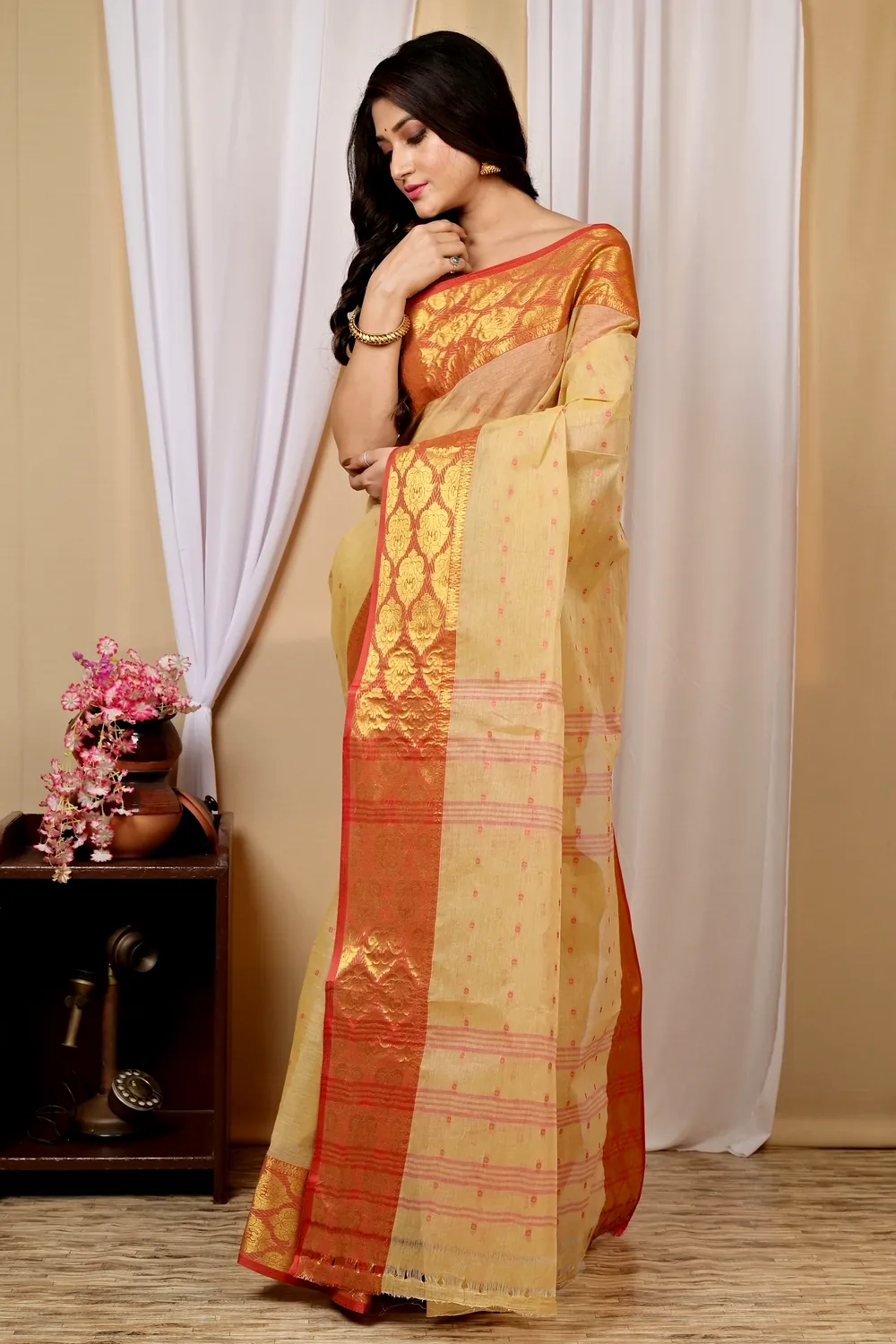 Cream Pure Cotton Asmanito Tant Saree (1615)