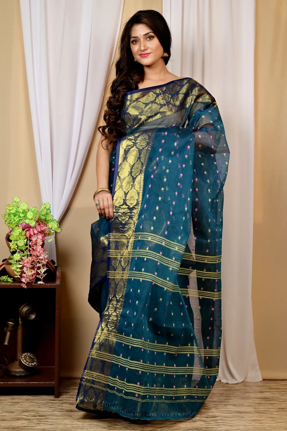 Dark Green Pure Cotton Asmanito Tant Saree (1617)