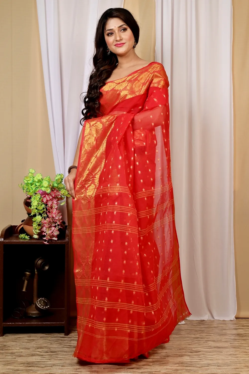 Red Pure Cotton Asmanito Tant Saree (1618)