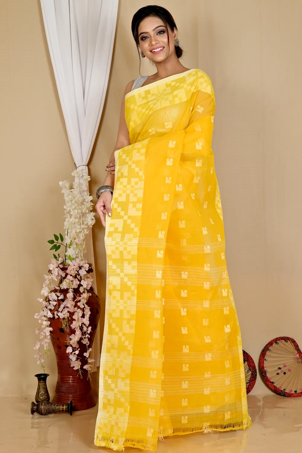 Yellow Pure Cotton Aptuk Tant Saree (1625)