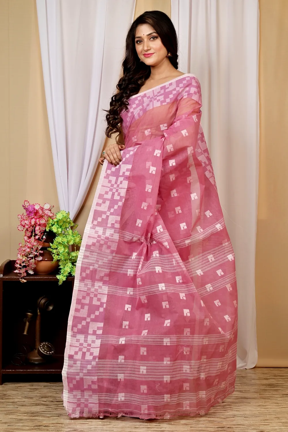 Peach Pure Cotton Aptuk Tant Saree (1626)