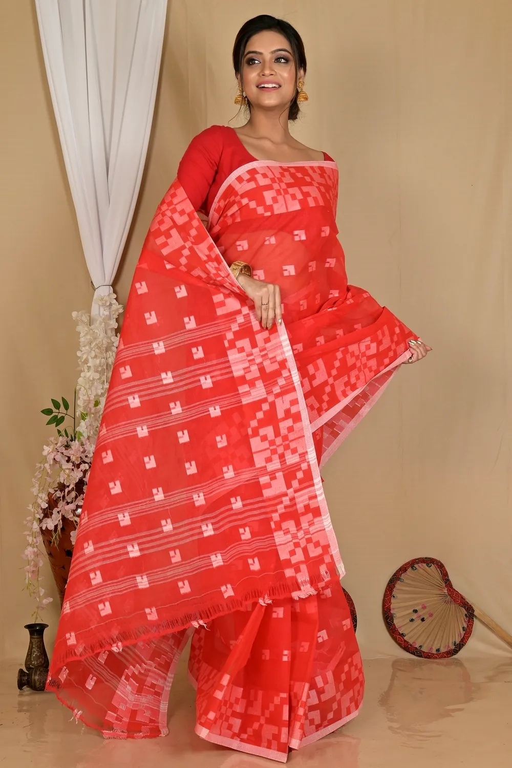 Red Pure Cotton Aptuk Tant Saree (1627)