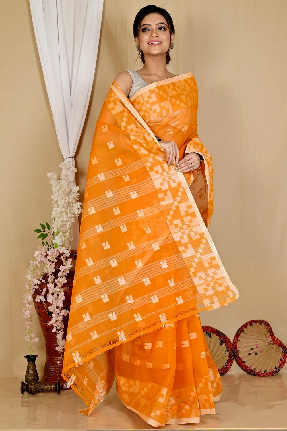 Dark Yellow Pure Cotton Aptuk Tant Saree (1628)