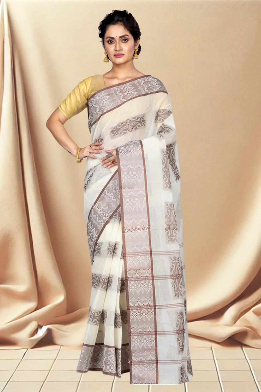Off-White Pure Cotton Strip Suparna Tant Saree (163)