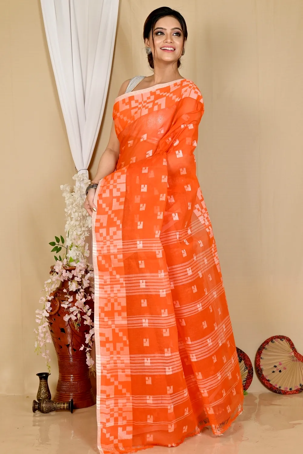 Orange Pure Cotton Aptuk Tant Saree (1630)