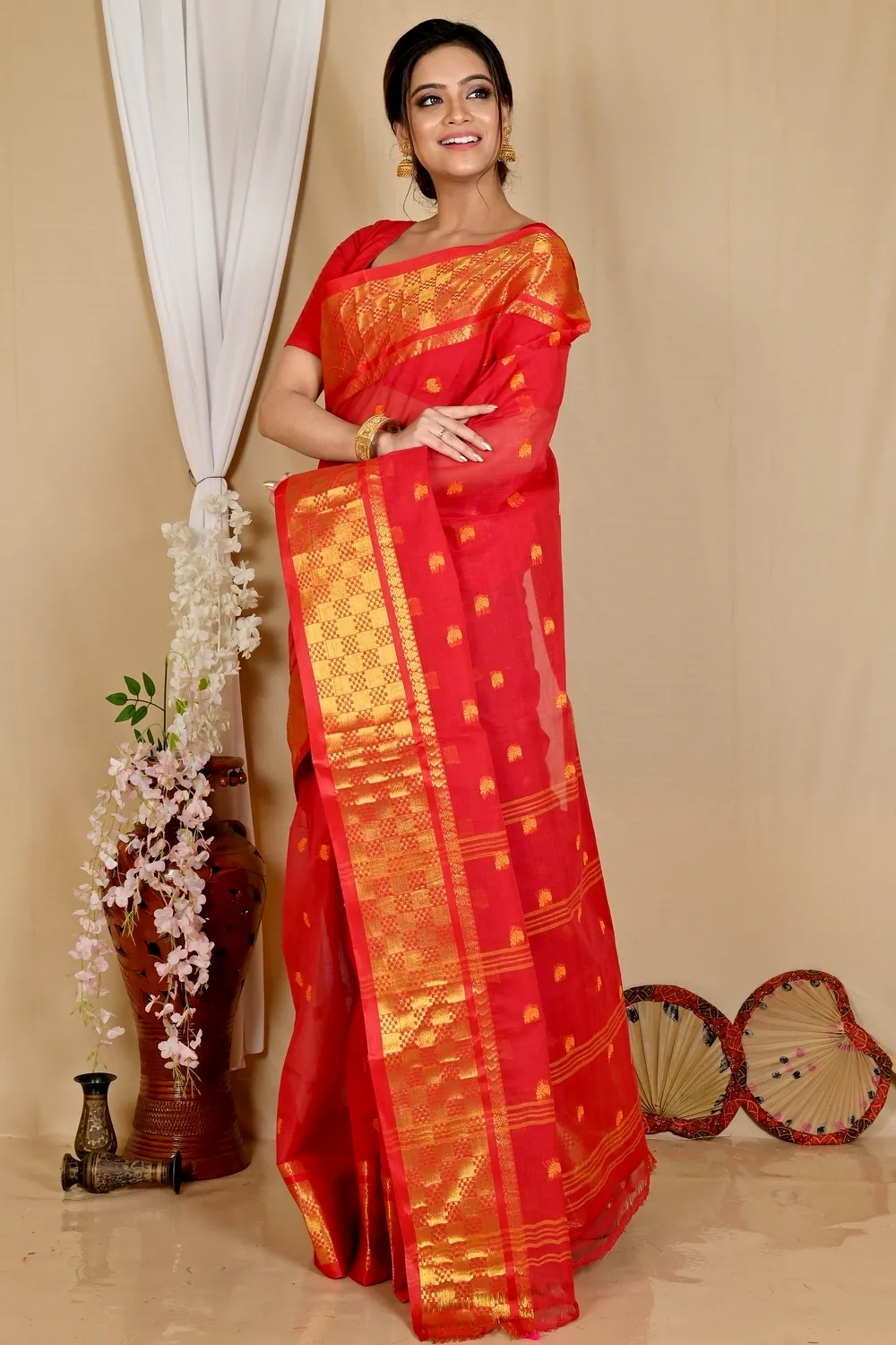 Red Pure Cotton Atula Tant Saree (1632)