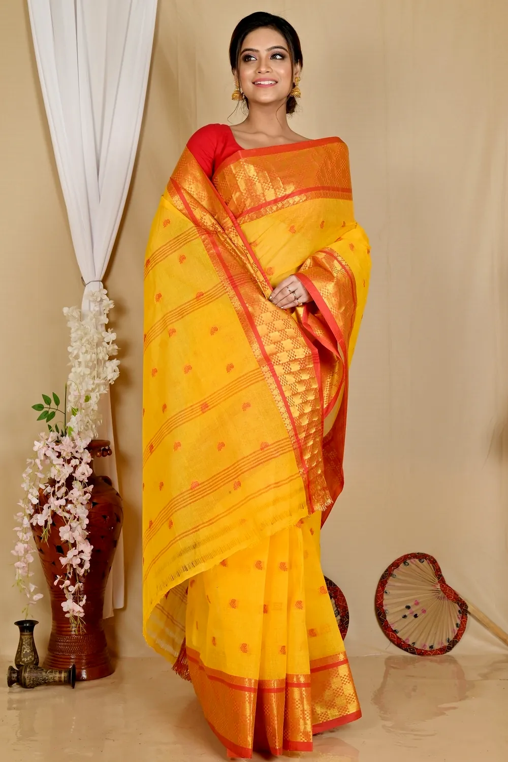 Yellow Pure Cotton Atula Tant Saree (1633)