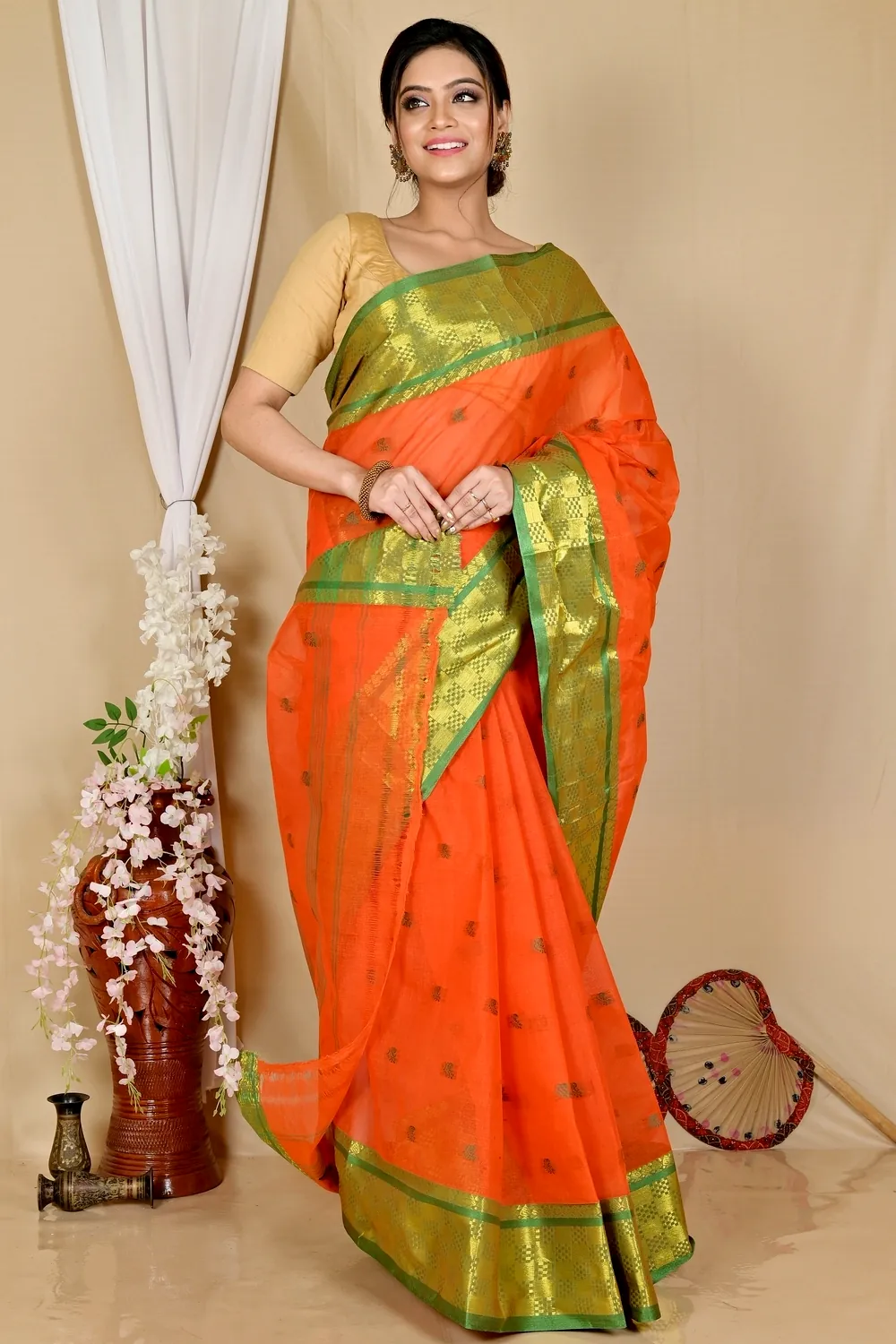 Orange Pure Cotton Atula Tant Saree (1637)