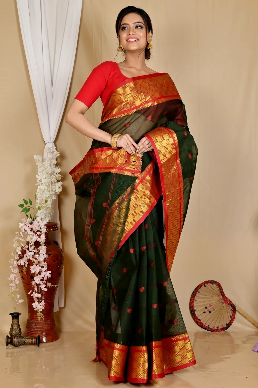 Dark Green Pure Cotton Atula Tant Saree (1638)