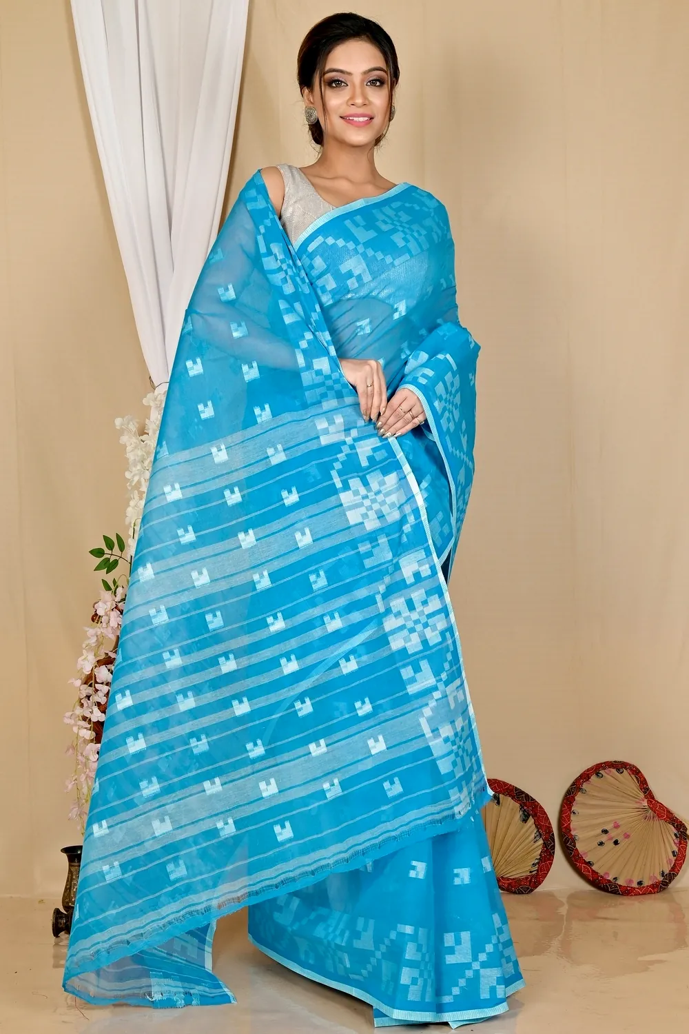 Sky Blue Pure Cotton Aptuk Tant Saree (1644)