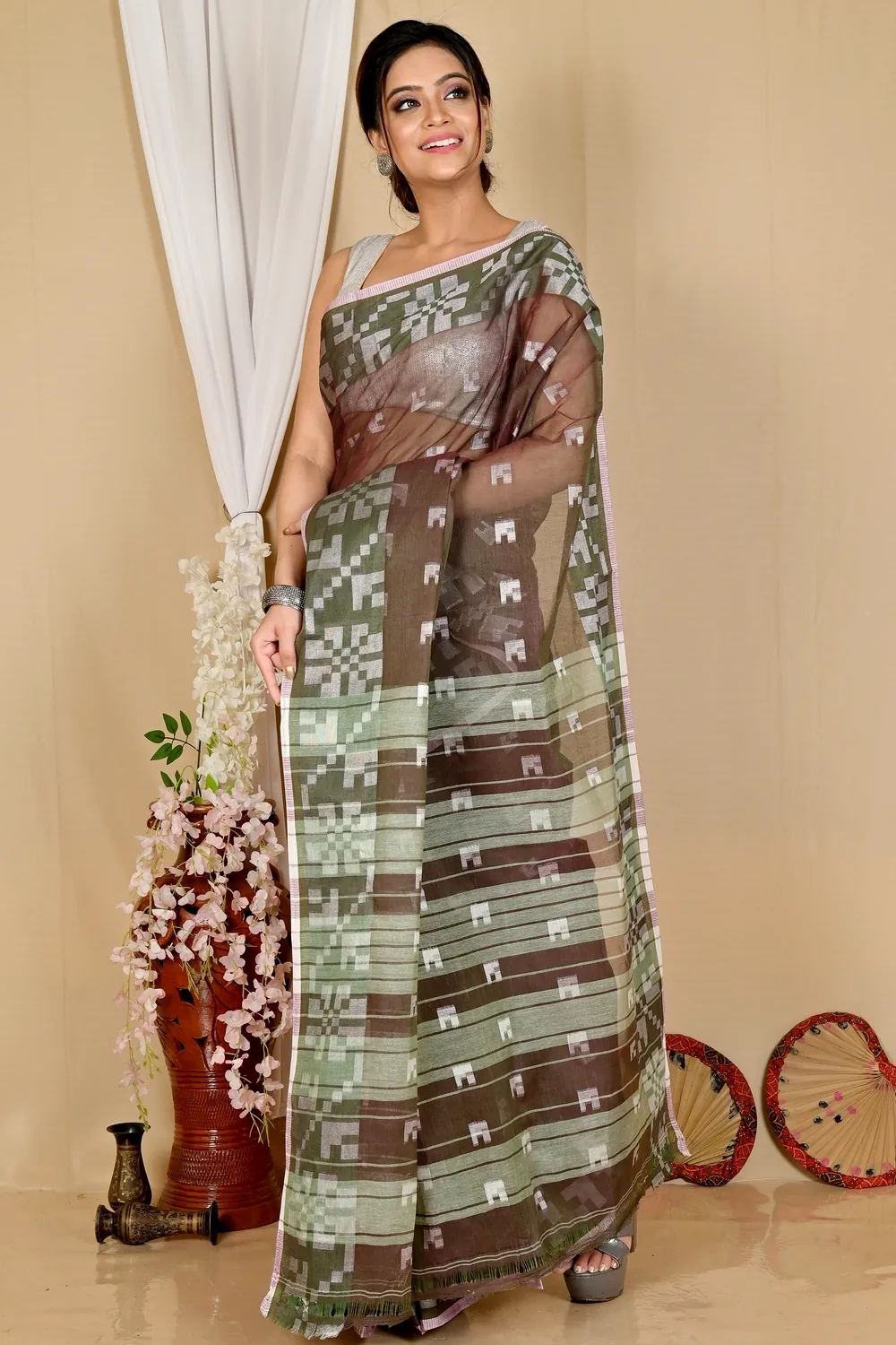 Brown Pure Cotton Aptuk Tant Saree (1646)
