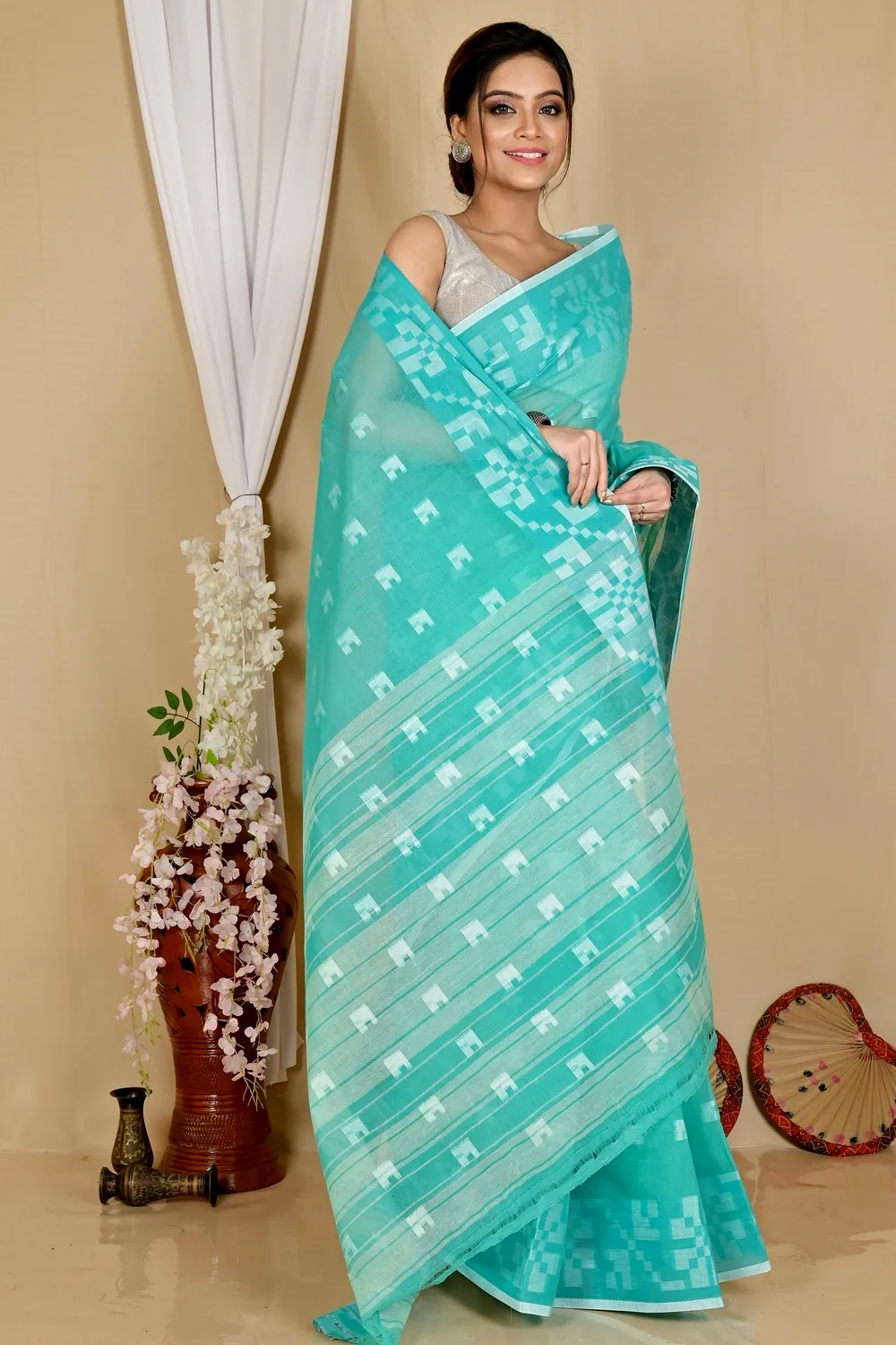 See Blue Pure Cotton Aptuk Tant Saree (1647)