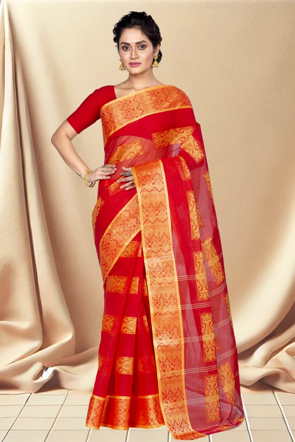 Red Pure Cotton Strip Suparna Tant Saree (165)