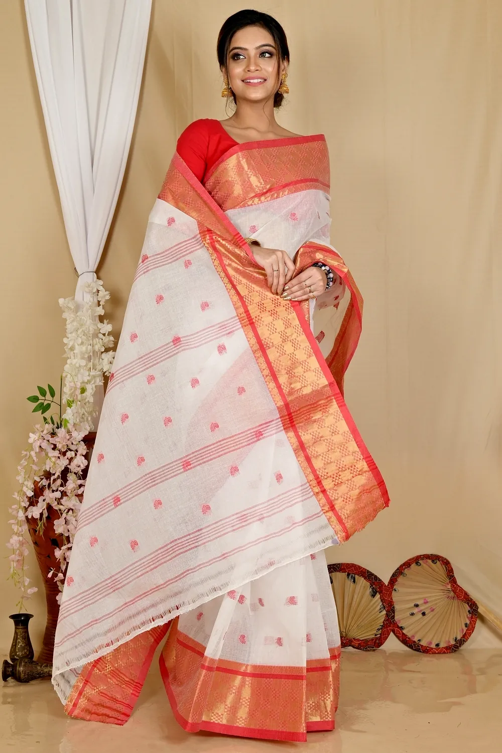 White Red Pure Cotton Atula Tant Saree (1651)