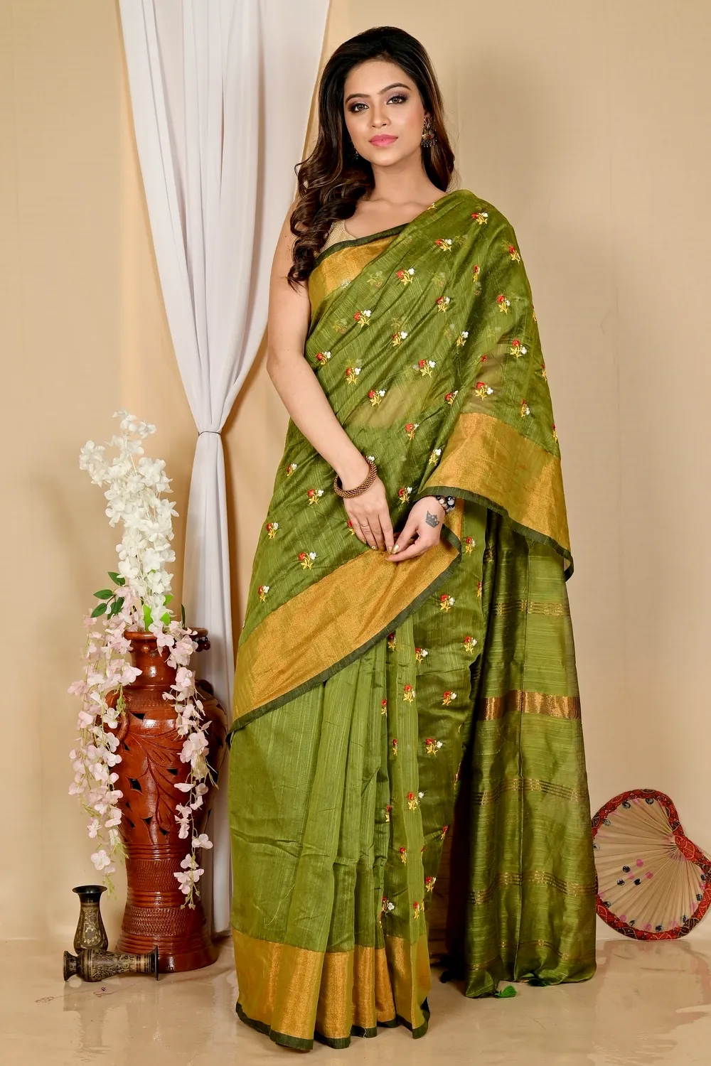 Dark Green Blended Cotton Slabaka Moli Hand Loom Saree (1653)